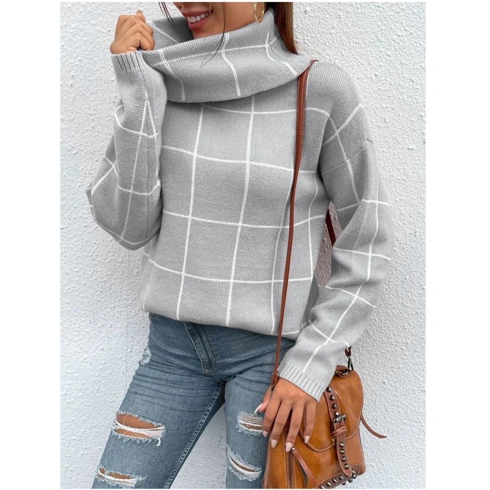 Grey Grid Printed Long Sweater Plaid Pattern Split Sides Pullover Turtleneck - Picture 8 of 16
